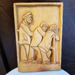 Hand Carved Low Relief Vtg Folk Art Whittled Carving Plaque Artist Made Sailors